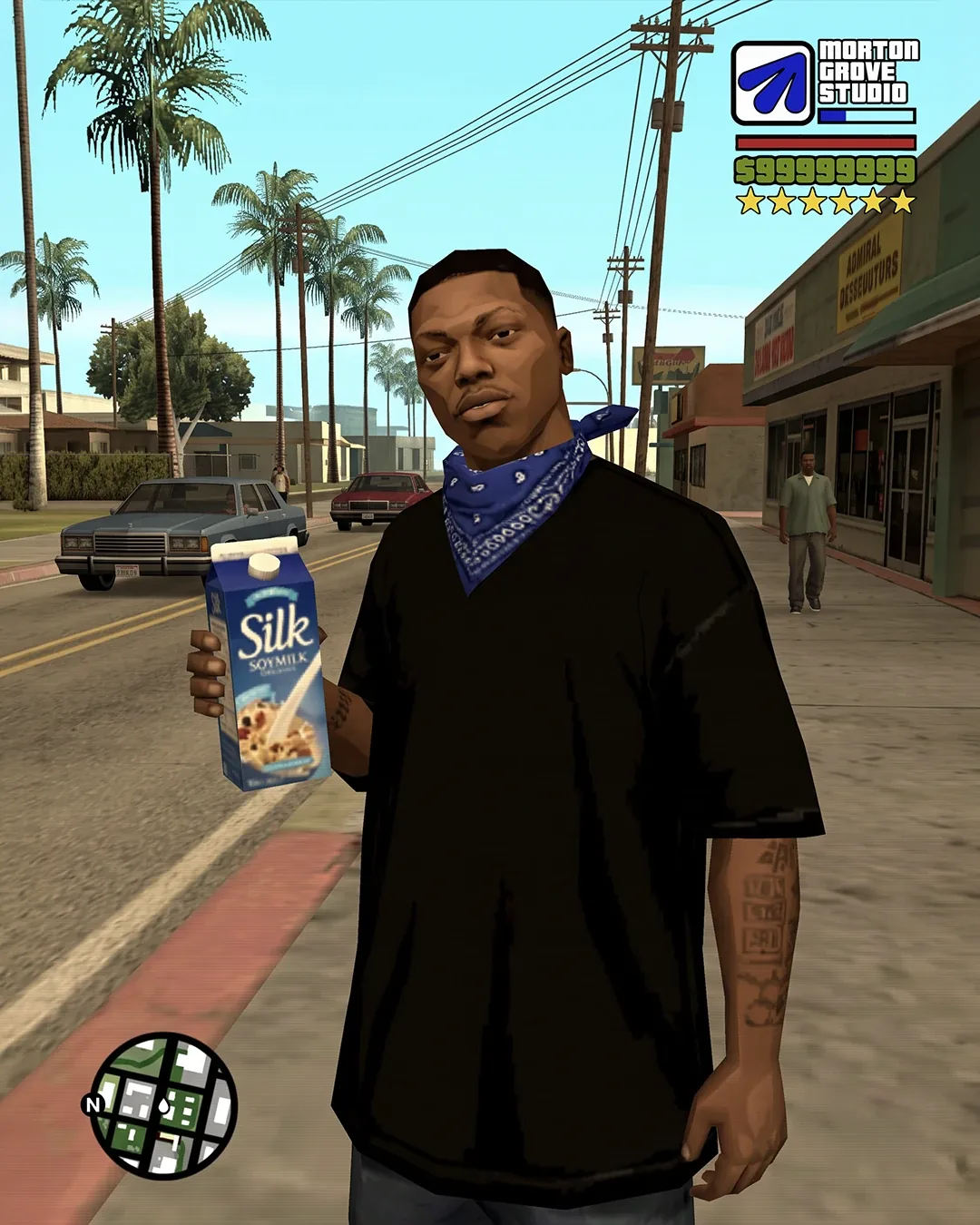 GTA-style scene render — character in a blue bandana holding a soymilk carton on a palm-lined street