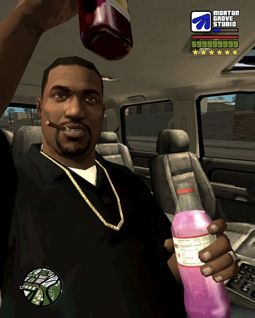 GTA-style scene render — character with a cigar riding in a car interior