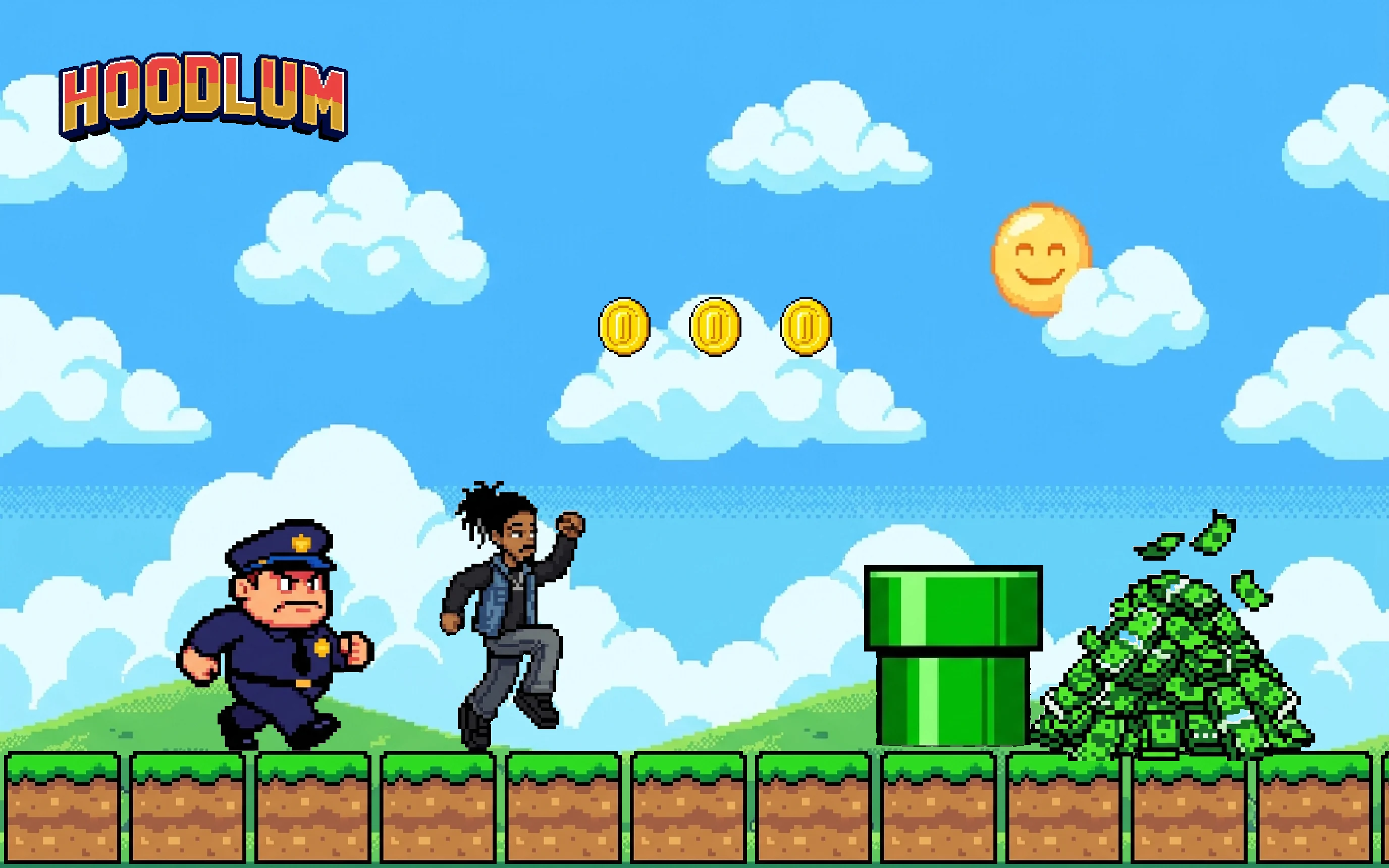HOODLUM RUN — side-scrolling platformer: HOODLUM running from a cop past a row of coins toward a money pile