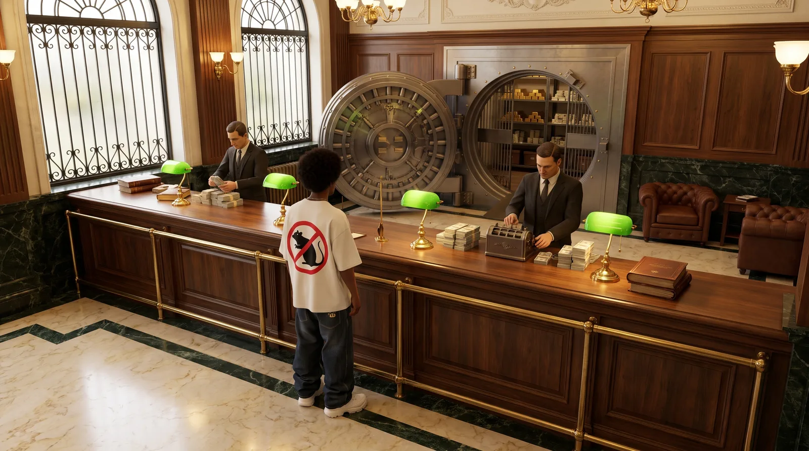 Jugg Academy — The Bank immersive store, a rendered bank interior with product hotspots, in browser frame
