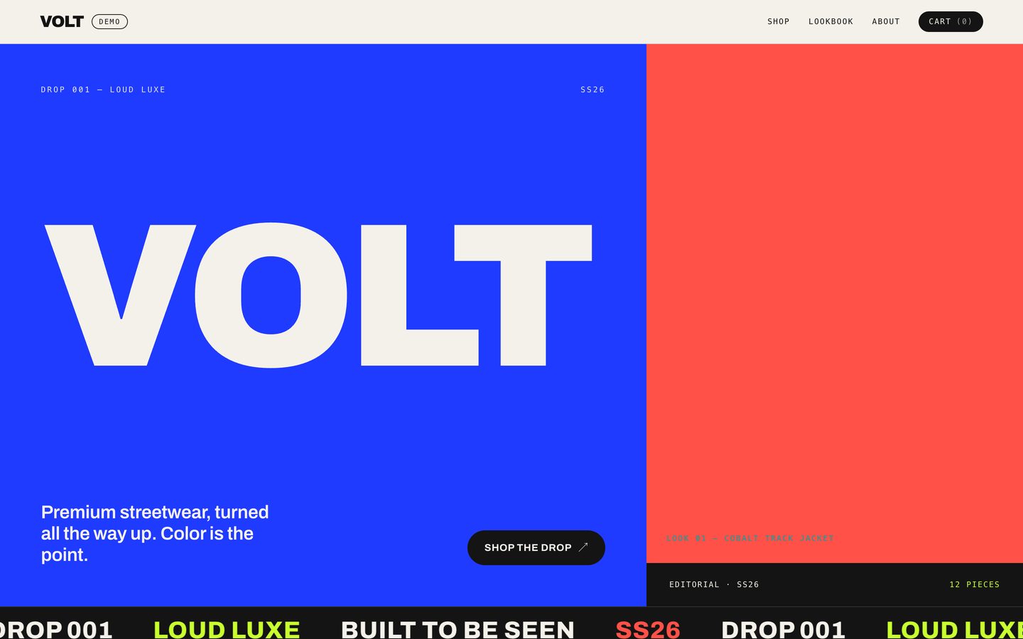 VOLT streetwear storefront homepage in browser frame