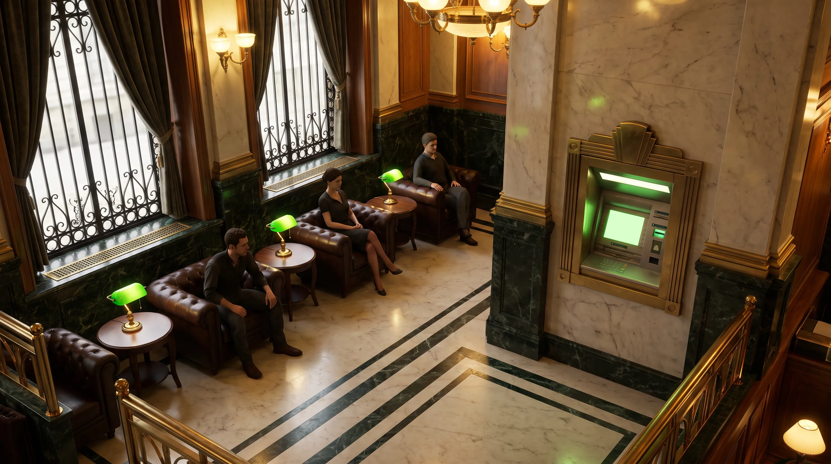 Jugg Academy bank lobby waiting area — customers in leather armchairs, brass ATM in the marble wall